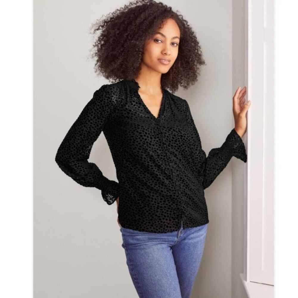 Boden Evangeline Blouse Sheer Flocked Ruffled Black Top Size 4